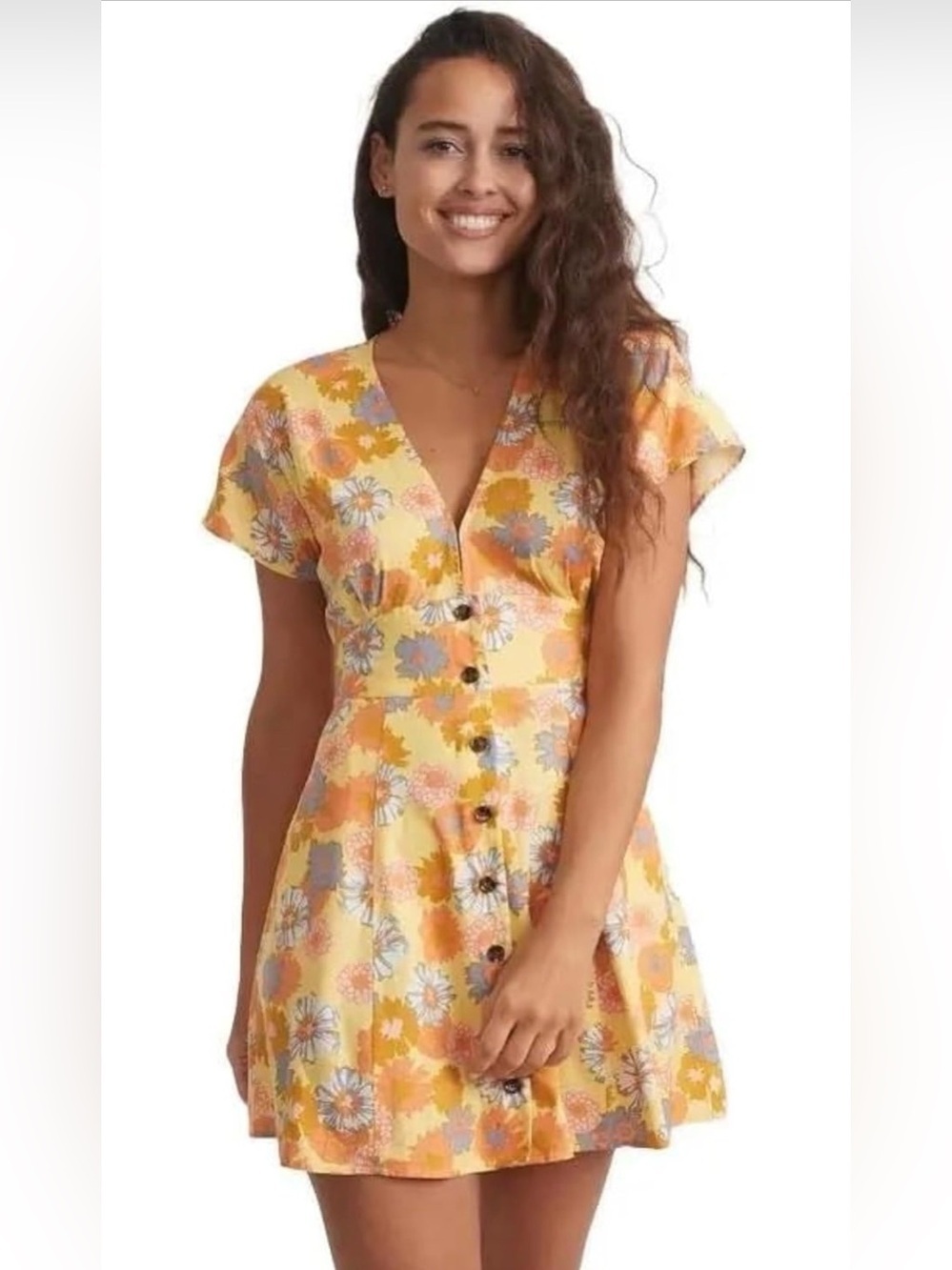 Marine Layer Camila A-Line Minidress in Yellow Vintage Floral Print Hemp: XS